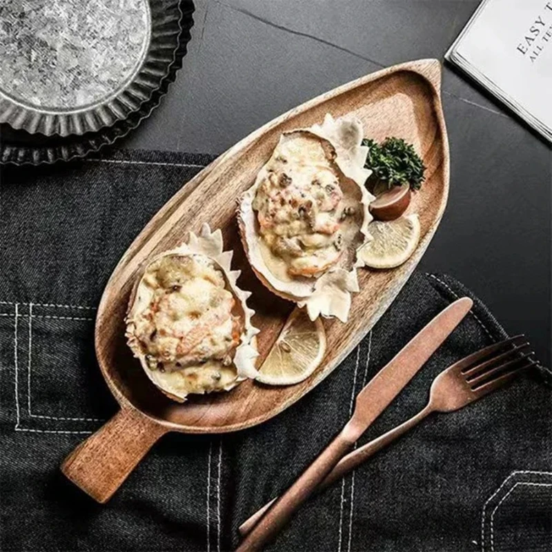 1pcs Solid Wood Leaf Shaped Waterproof Wooden Tray for Steak Sushi Grilled Meat Pizza Afternoon Tea Commercial Use As Tableware