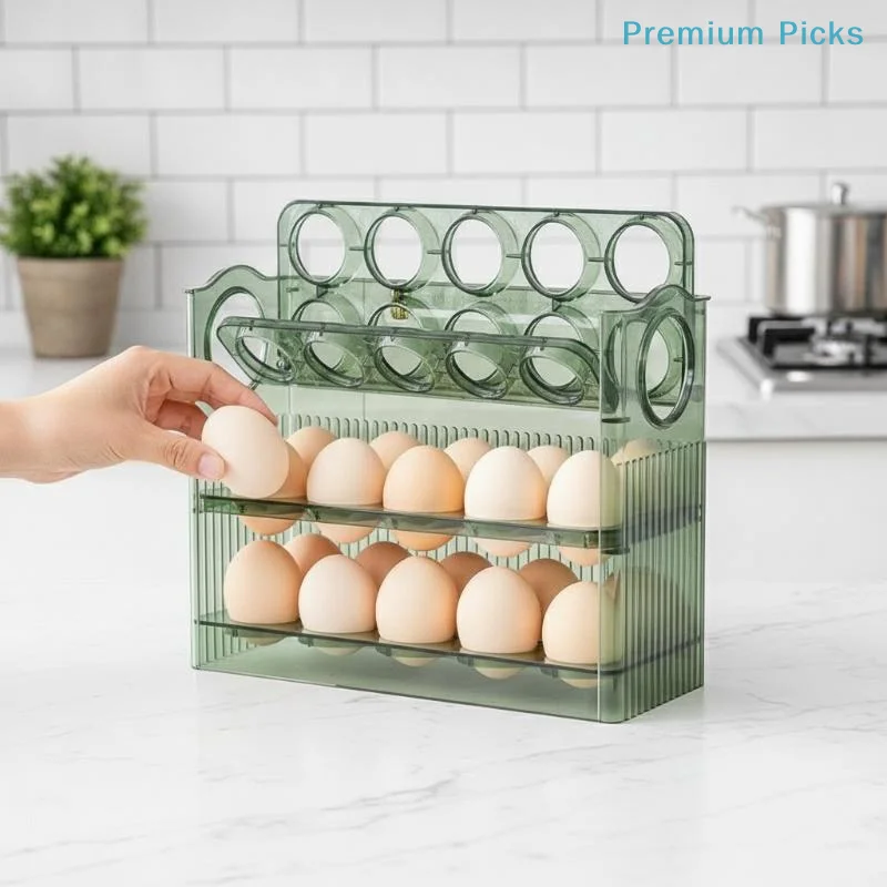 portable3 Tier Automatic Flip Egg Tray 30 Grid Egg Storage Container Box for Refrigerator Kitchen Countertop Food Organization