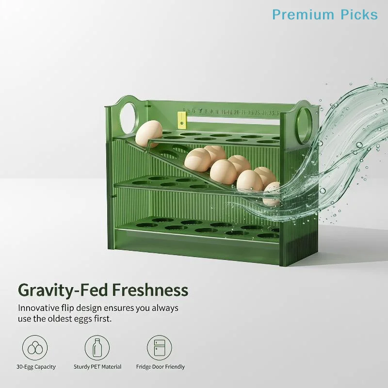 portable3 Tier Automatic Flip Egg Tray 30 Grid Egg Storage Container Box for Refrigerator Kitchen Countertop Food Organization