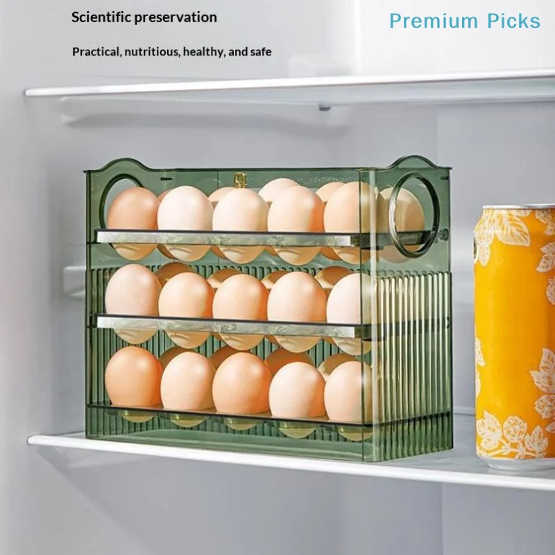 portable3 Tier Automatic Flip Egg Tray 30 Grid Egg Storage Container Box for Refrigerator Kitchen Countertop Food Organization