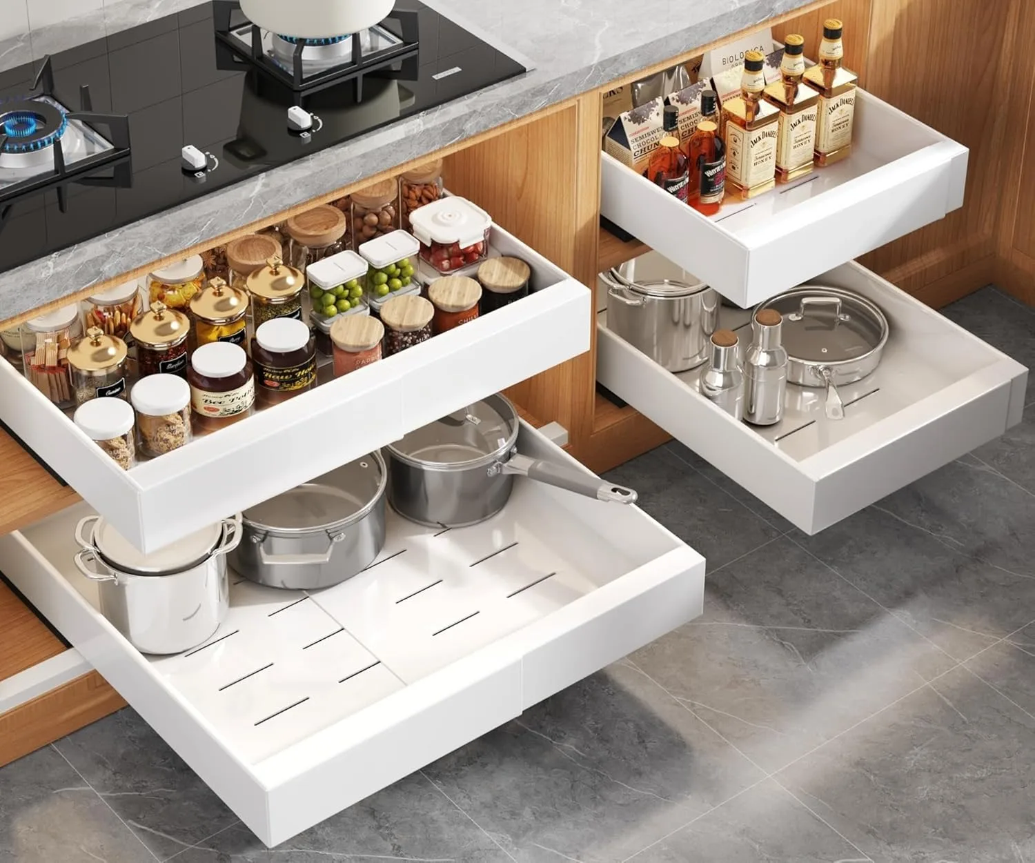 Expandable Pull Out Cabinet Organizer for Framed Cabinets,Upgrade 3 Slide Rails Slide Out Drawers,No Drill Roll Out Shelves