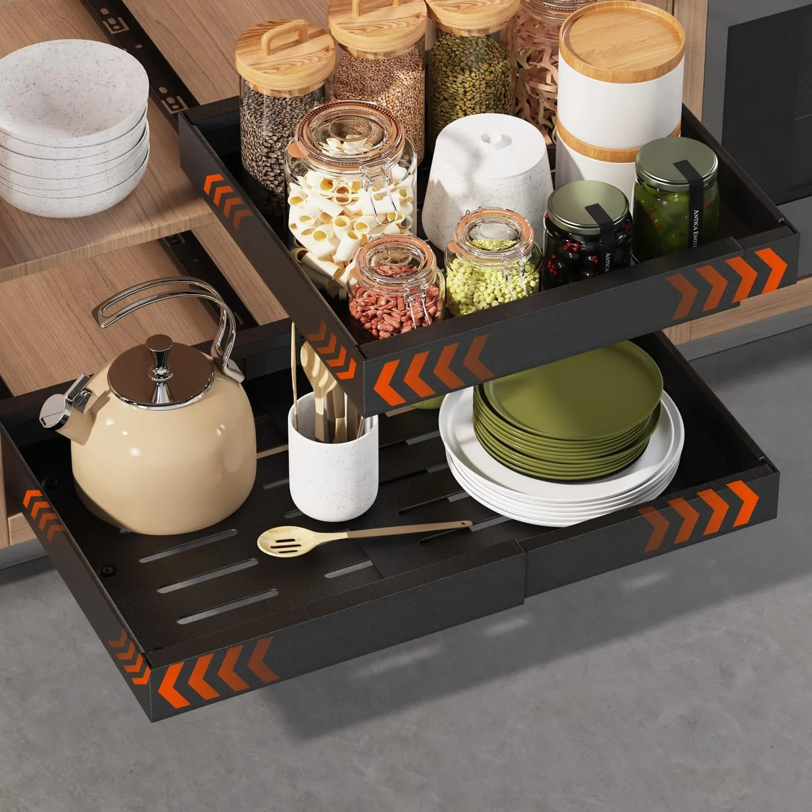 Expandable Pull Out Cabinet Organizer for Framed Cabinets,Upgrade 3 Slide Rails Slide Out Drawers,No Drill Roll Out Shelves