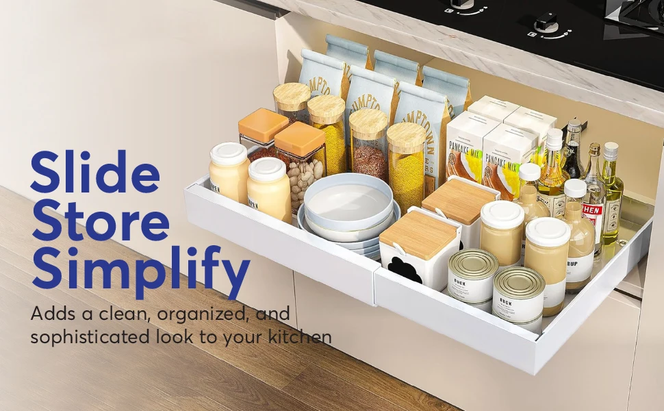 Expandable Pull Out Cabinet Organizer for Framed Cabinets,Upgrade 3 Slide Rails Slide Out Drawers,No Drill Roll Out Shelves