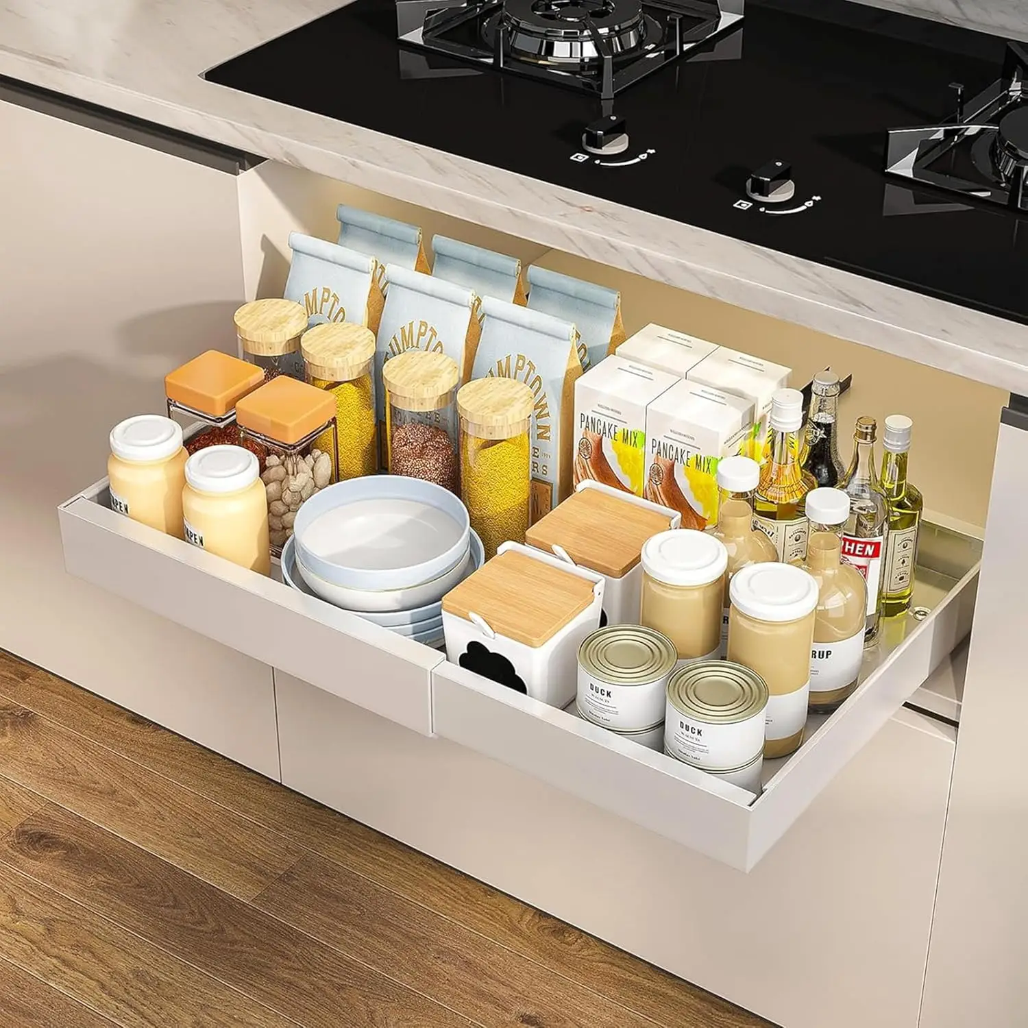 Expandable Pull Out Cabinet Organizer for Framed Cabinets,Upgrade 3 Slide Rails Slide Out Drawers,No Drill Roll Out Shelves