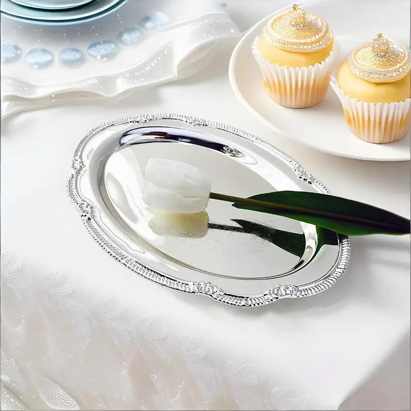 C New Vintage Embossed Silver Tray Serving Platter For Desserts Jewelry Storage Organizer Snack Plate Dining Table Decoration