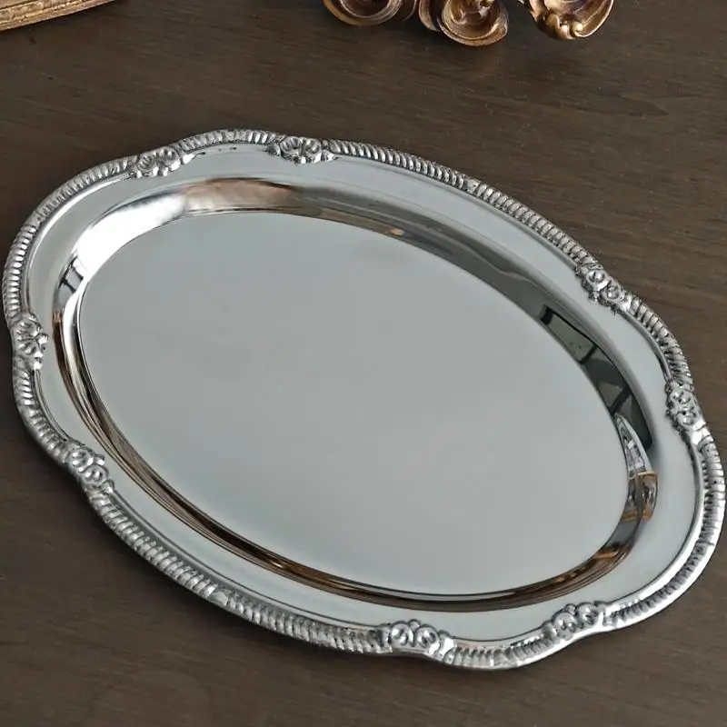 C New Vintage Embossed Silver Tray Serving Platter For Desserts Jewelry Storage Organizer Snack Plate Dining Table Decoration