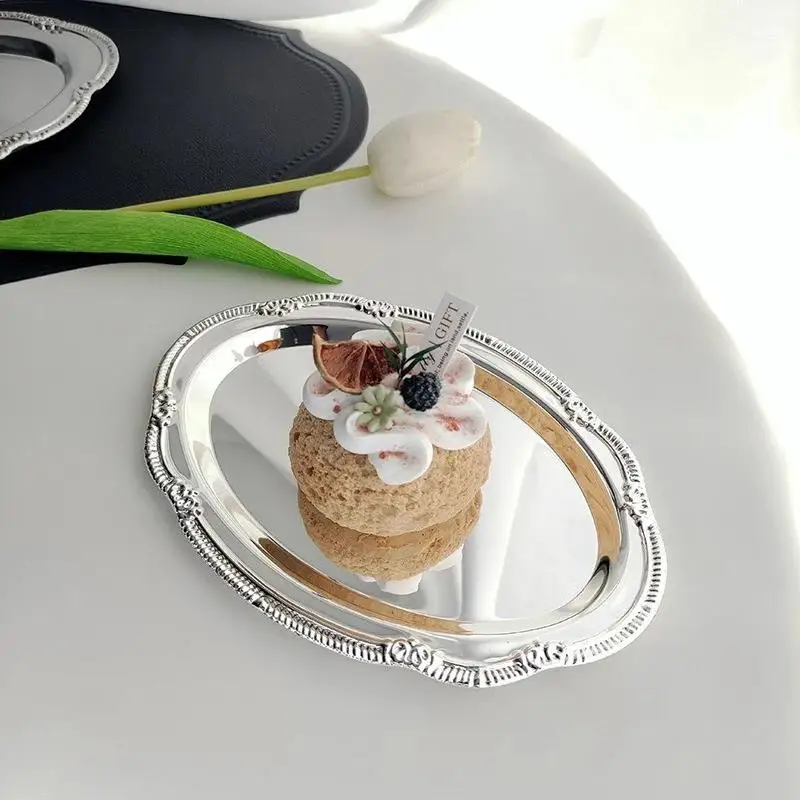 C New Vintage Embossed Silver Tray Serving Platter For Desserts Jewelry Storage Organizer Snack Plate Dining Table Decoration