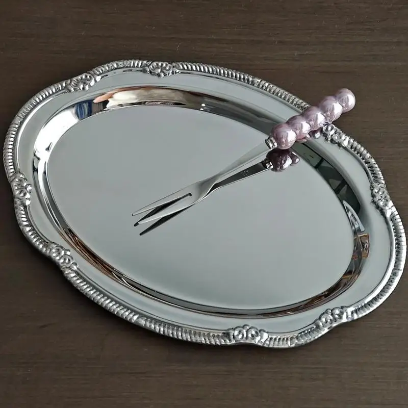 C New Vintage Embossed Silver Tray Serving Platter For Desserts Jewelry Storage Organizer Snack Plate Dining Table Decoration