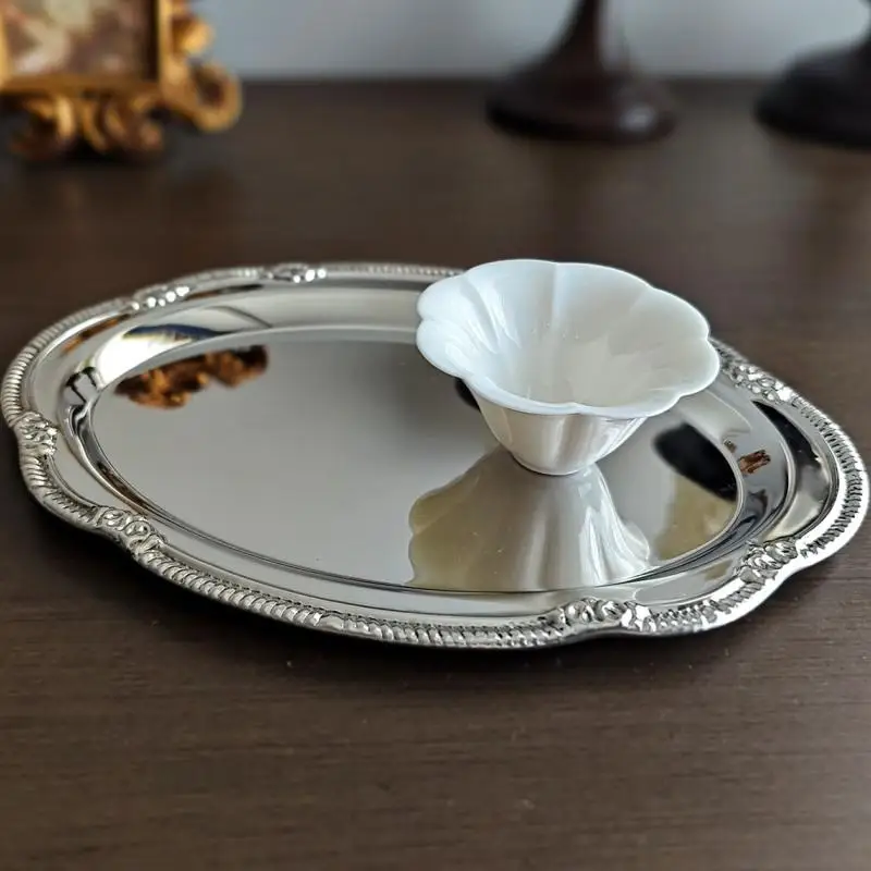 C New Vintage Embossed Silver Tray Serving Platter For Desserts Jewelry Storage Organizer Snack Plate Dining Table Decoration