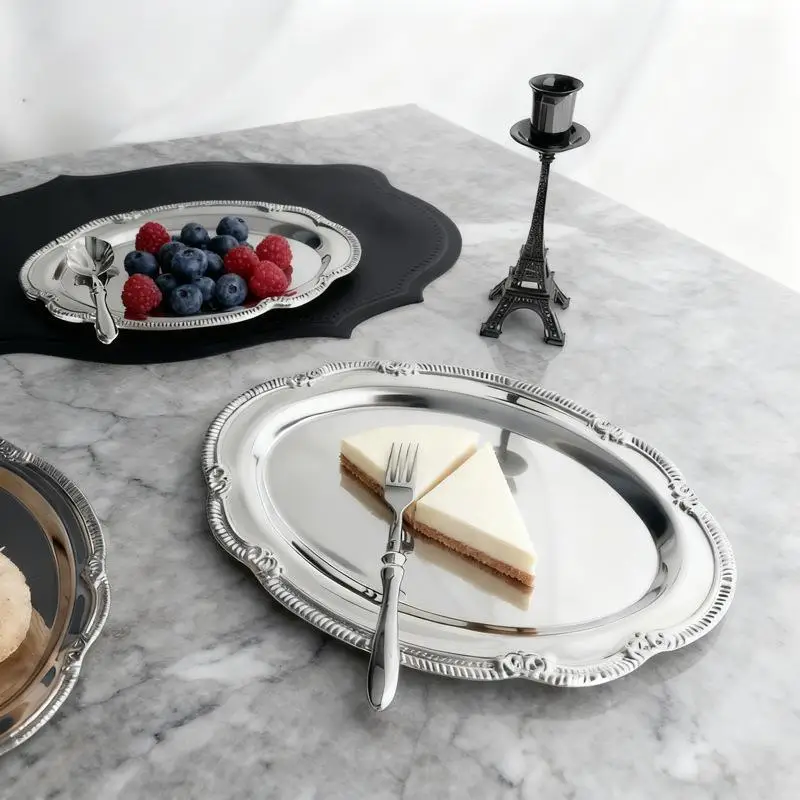 C New Vintage Embossed Silver Tray Serving Platter For Desserts Jewelry Storage Organizer Snack Plate Dining Table Decoration