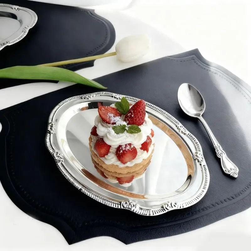 C New Vintage Embossed Silver Tray Serving Platter For Desserts Jewelry Storage Organizer Snack Plate Dining Table Decoration