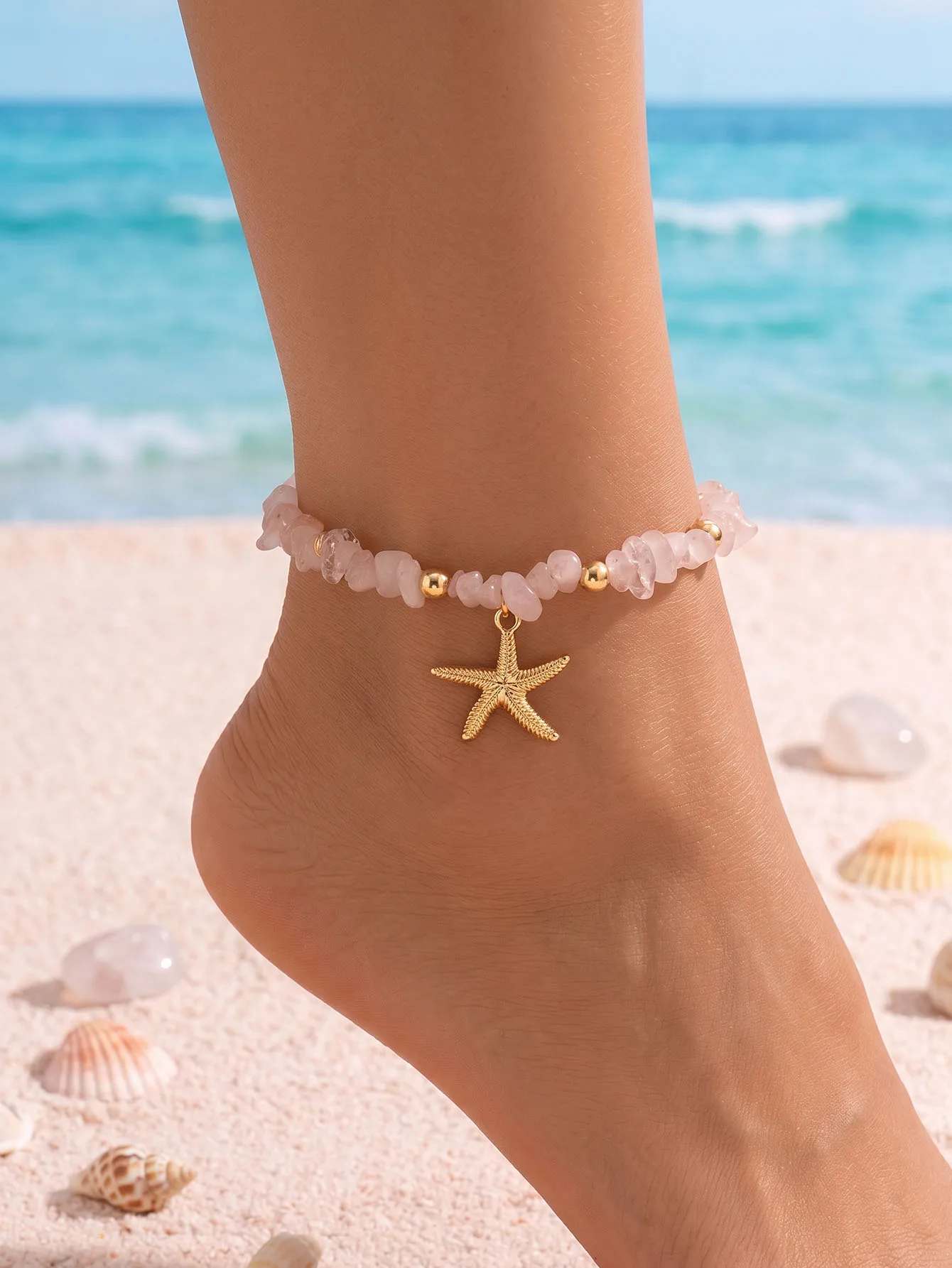 Beach Anklet for Women Bohemian Starfish Pendant Chip Stone Adjustable Gold Silver Multicolor Summer Vacation Jewelry