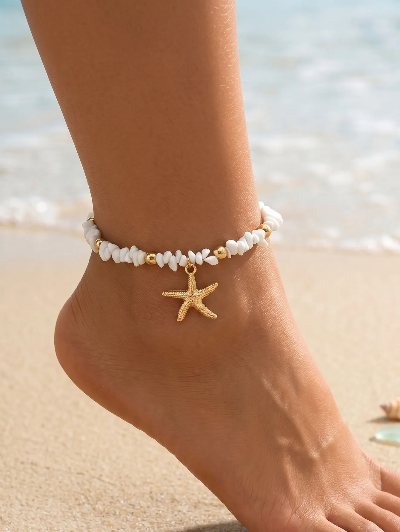 Beach Anklet for Women Bohemian Starfish Pendant Chip Stone Adjustable Gold Silver Multicolor Summer Vacation Jewelry
