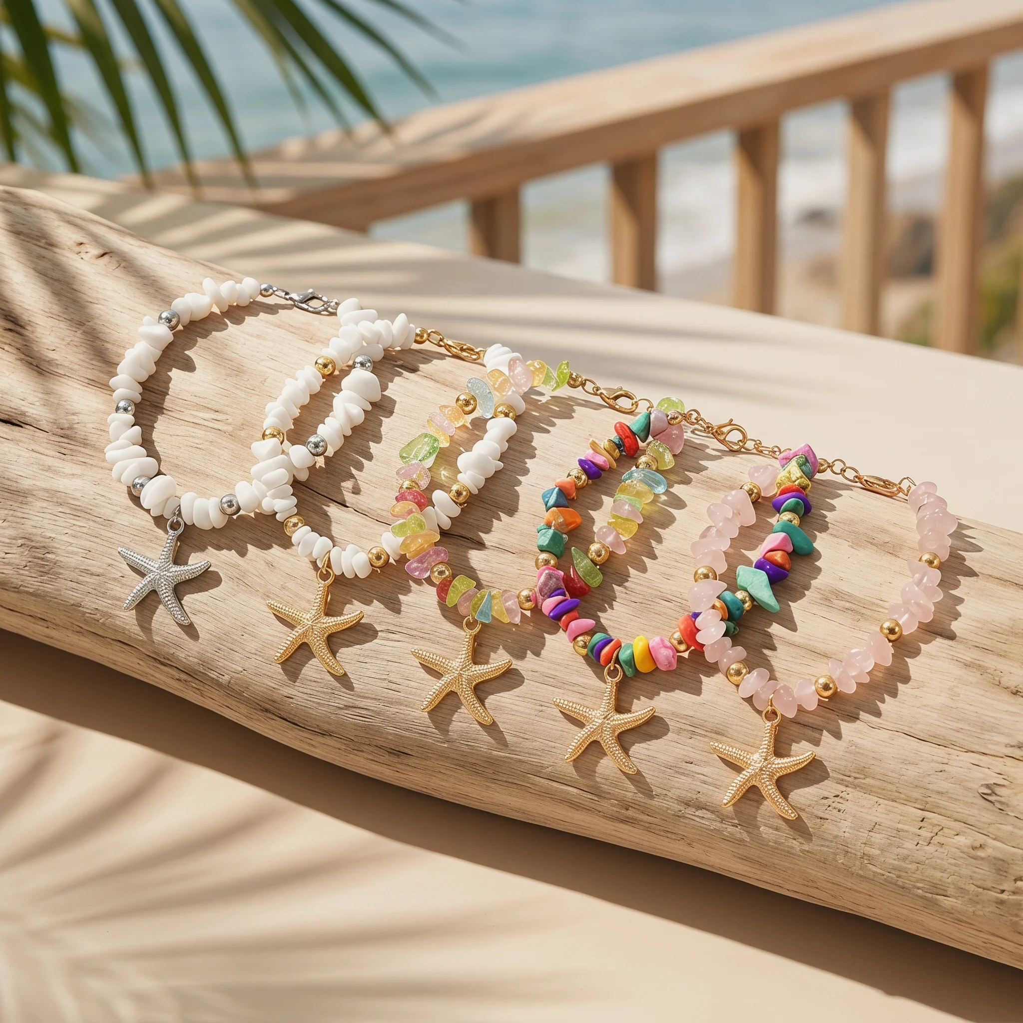 Beach Anklet for Women Bohemian Starfish Pendant Chip Stone Adjustable Gold Silver Multicolor Summer Vacation Jewelry