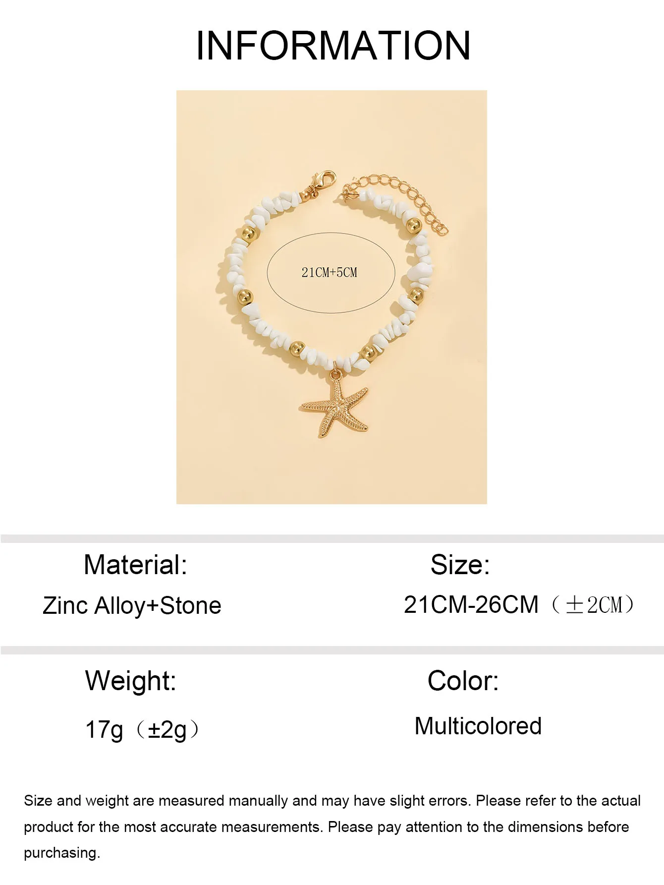Beach Anklet for Women Bohemian Starfish Pendant Chip Stone Adjustable Gold Silver Multicolor Summer Vacation Jewelry