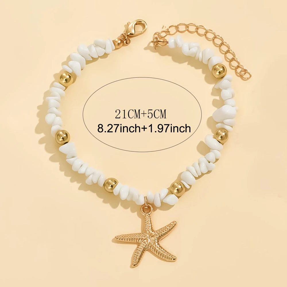 Beach Anklet for Women Bohemian Starfish Pendant Chip Stone Adjustable Gold Silver Multicolor Summer Vacation Jewelry