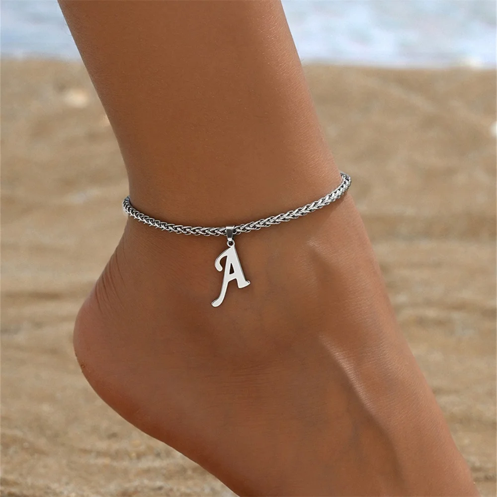 Simple 26 Letters A-Z Pendant Anklets For Women Stainless Steel Ankle Bracelet Chain Anklet Beach Jewelry Summer Accessories