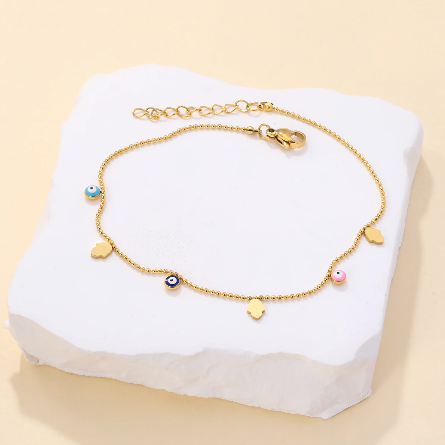 Female Summer Colorful Ankle Jewelry Turkish Eyes Hamas Hand Charms Anklets Surgical Steel Waterproof Simple Beach Accessories
