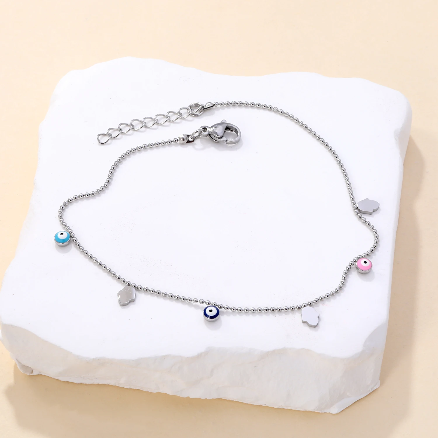 Female Summer Colorful Ankle Jewelry Turkish Eyes Hamas Hand Charms Anklets Surgical Steel Waterproof Simple Beach Accessories