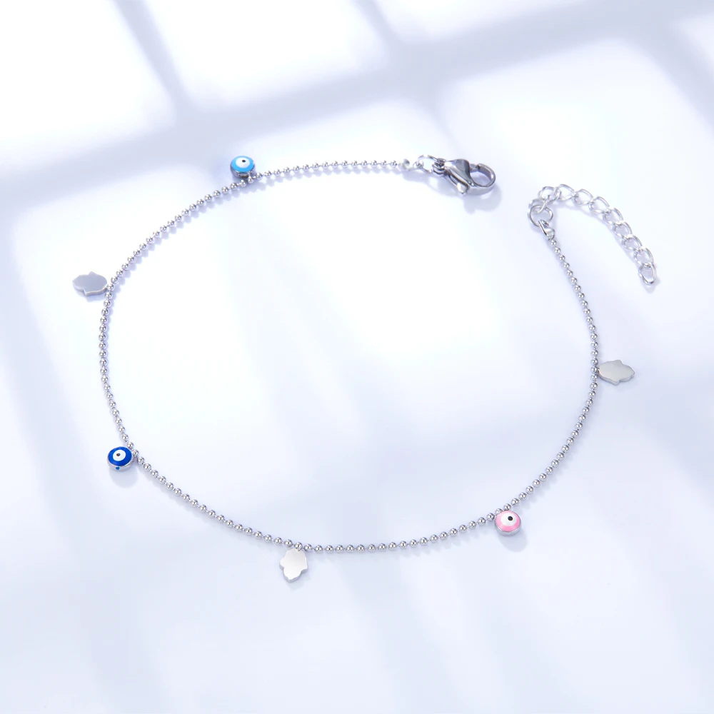 Female Summer Colorful Ankle Jewelry Turkish Eyes Hamas Hand Charms Anklets Surgical Steel Waterproof Simple Beach Accessories