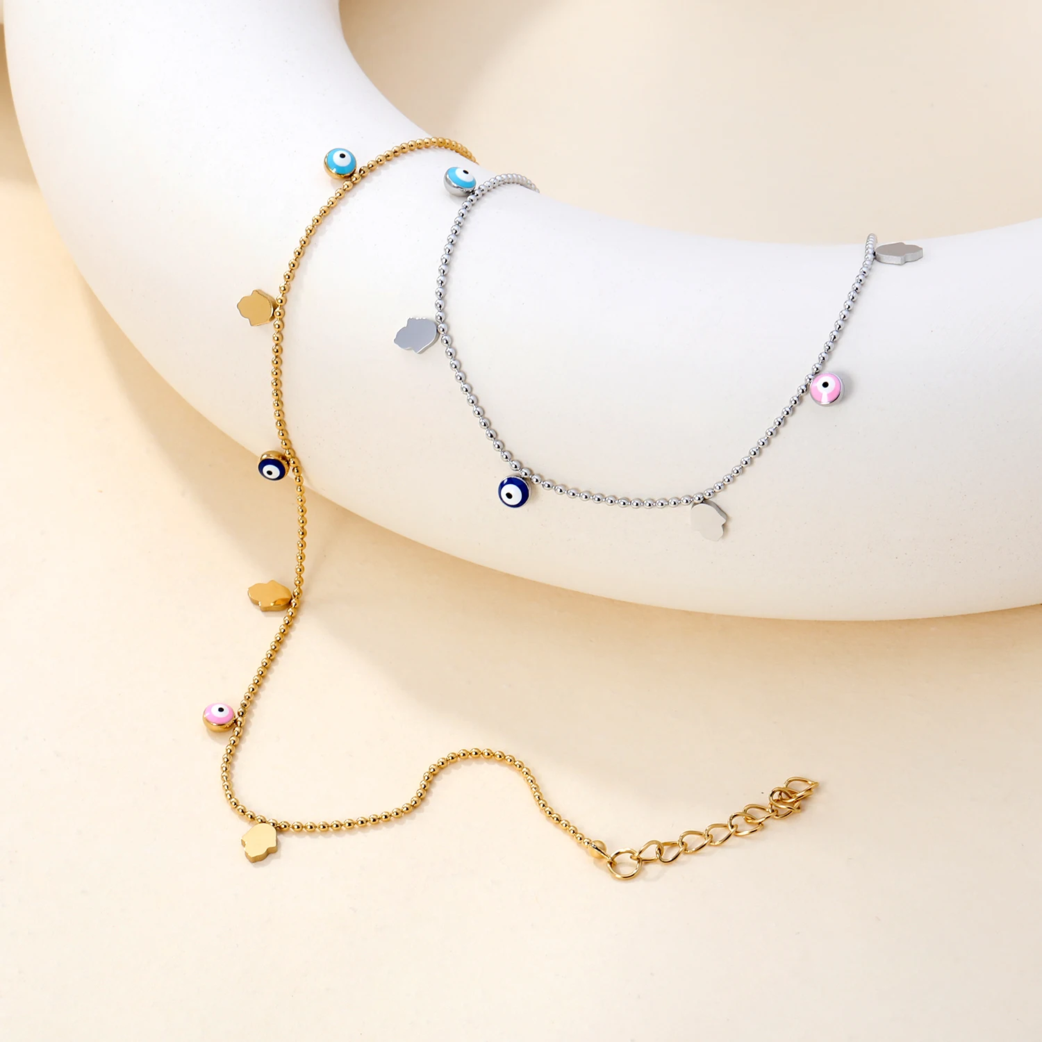 Female Summer Colorful Ankle Jewelry Turkish Eyes Hamas Hand Charms Anklets Surgical Steel Waterproof Simple Beach Accessories