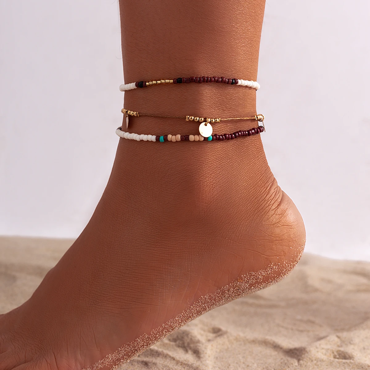 3Pcs/Set Bohemian Rice Beads Anklets for Women Vintage Trend Round Sequin Feet Chain Summer Beach Barefoot Jewelry Accessories