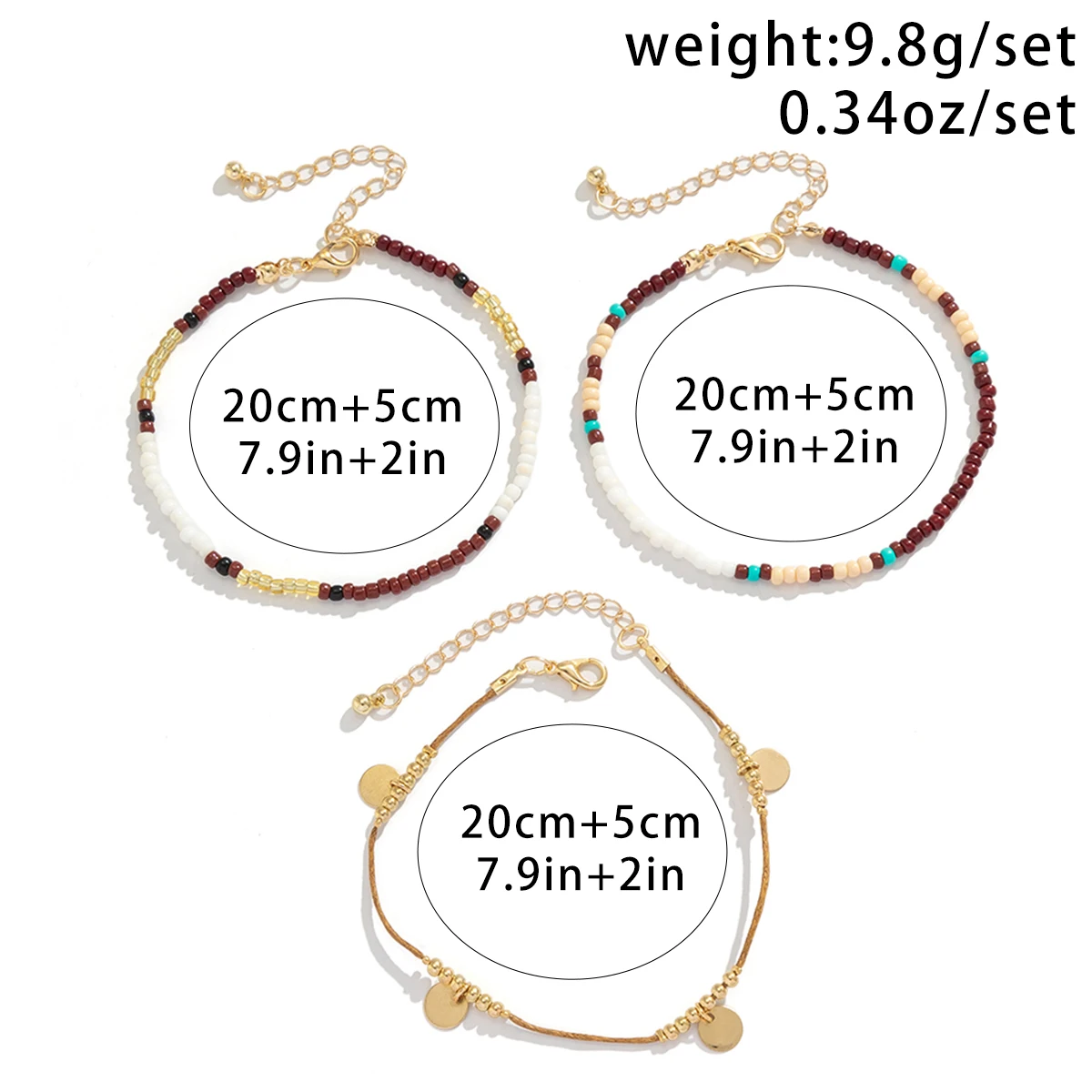 3Pcs/Set Bohemian Rice Beads Anklets for Women Vintage Trend Round Sequin Feet Chain Summer Beach Barefoot Jewelry Accessories