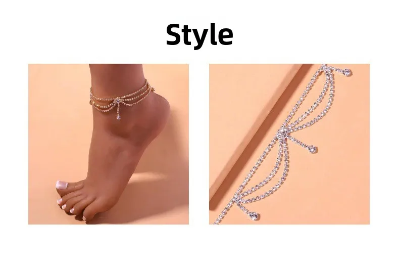 Tassels Style Inlaid Cubic Zirconia Chain Anklet for Women Fashion Silver Color Ankle Beach Feet Chain Bracelet Foot Jewelry