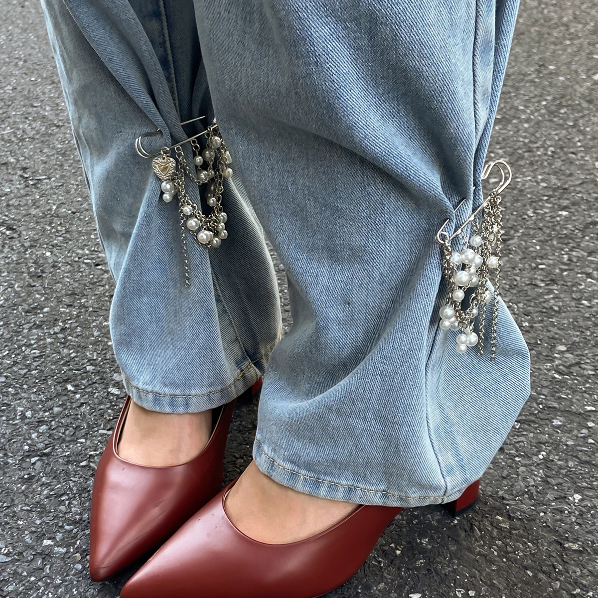 Salircon Fashion Elegance Imitation Pearl Tassel Ankles Chain Women Detachable Jeans Brooch Chain Clothing Jewelry Accessories