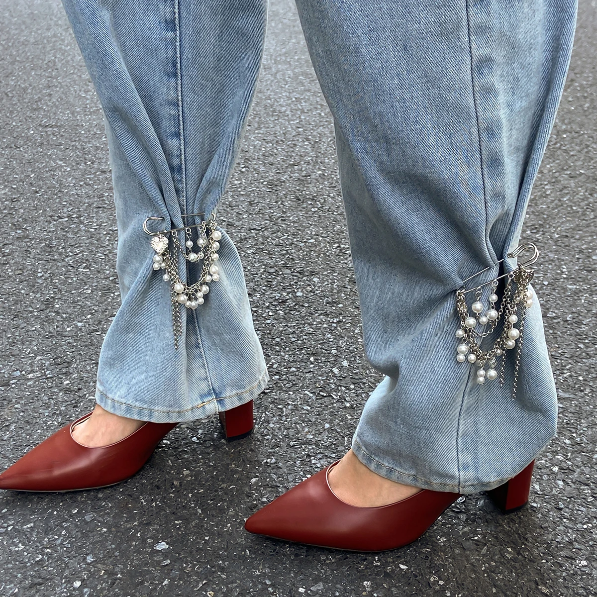 Salircon Fashion Elegance Imitation Pearl Tassel Ankles Chain Women Detachable Jeans Brooch Chain Clothing Jewelry Accessories