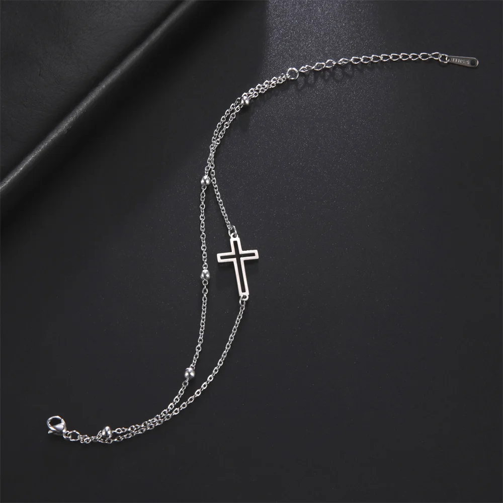 Skyrim Bohemia Cross Pendant Ankle Bracelet Fashion Foot Jewelry for Women Summer Beach Party Stainless Steel Bead Chain Anklet