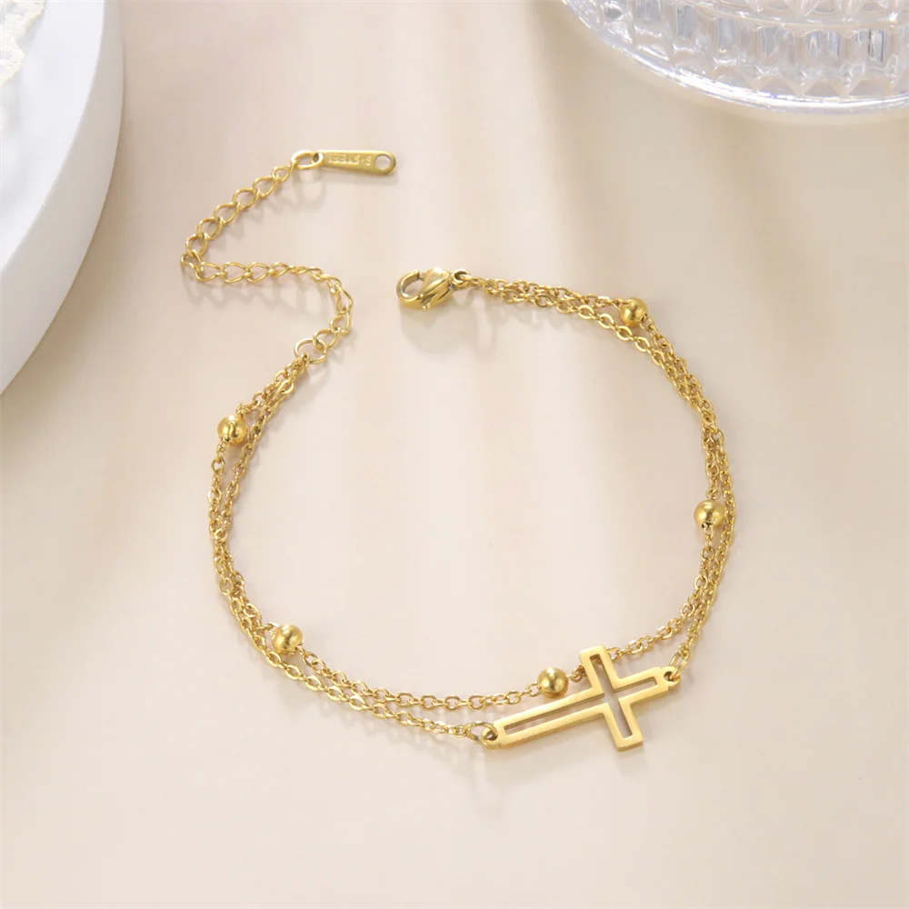 Skyrim Bohemia Cross Pendant Ankle Bracelet Fashion Foot Jewelry for Women Summer Beach Party Stainless Steel Bead Chain Anklet