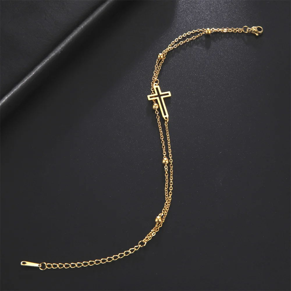 Skyrim Bohemia Cross Pendant Ankle Bracelet Fashion Foot Jewelry for Women Summer Beach Party Stainless Steel Bead Chain Anklet