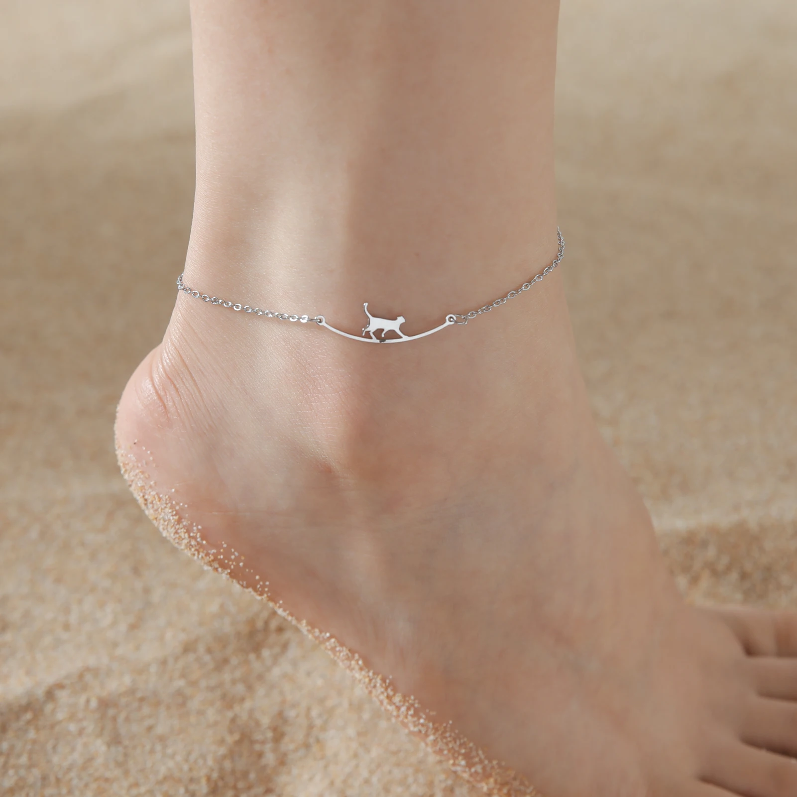 Lemegeton Lovely Walking Cat Aircraft Charms Anklet Foot Bracelet for Women Animal Kitten Chain Stainless Steel Jewelry Gift