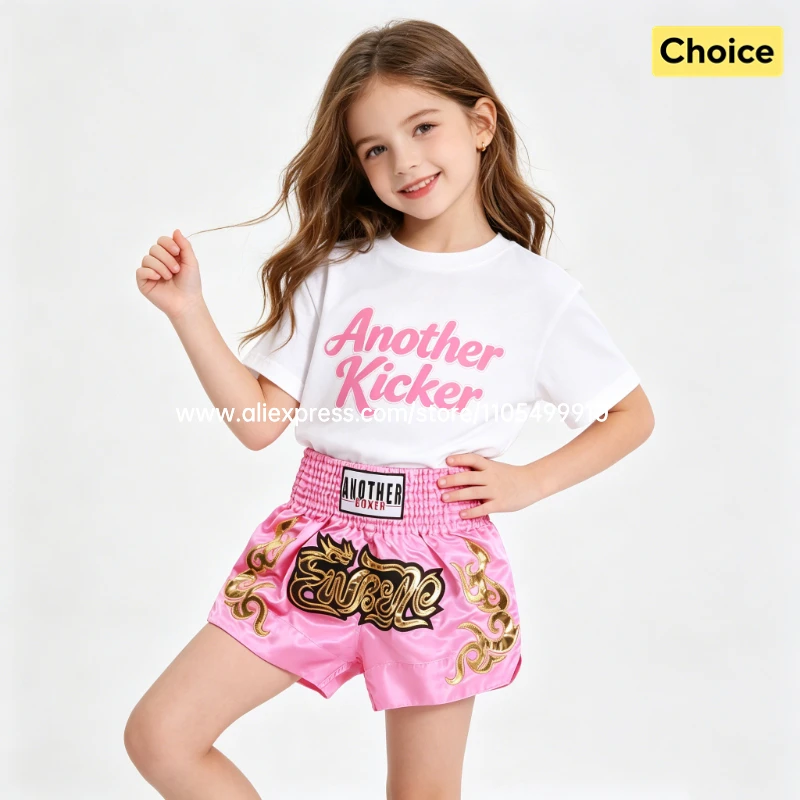 Muay Thai Fight Shorts Pink Kickboxing Shorts Men Women Kids Boxing Shorts Gold Embroidery Dancing Boxing Training Match Pants
