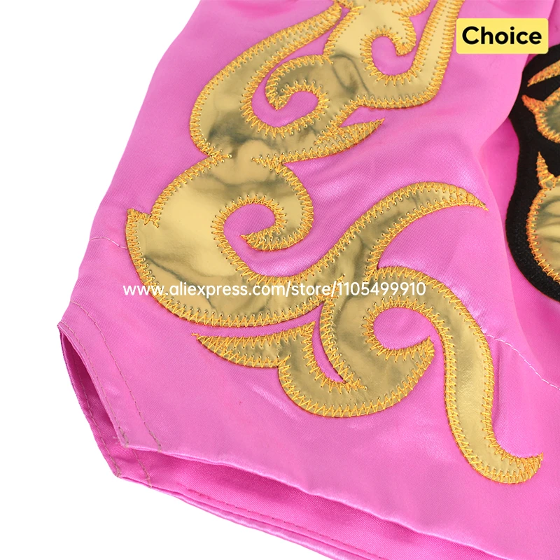 Muay Thai Fight Shorts Pink Kickboxing Shorts Men Women Kids Boxing Shorts Gold Embroidery Dancing Boxing Training Match Pants