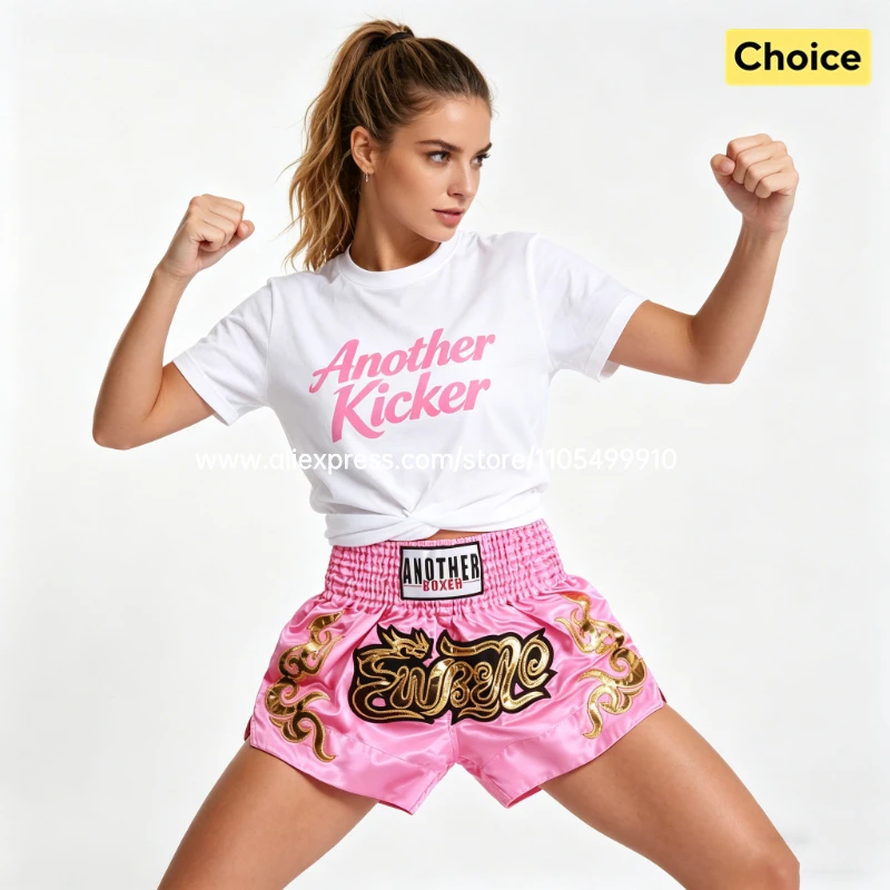 Muay Thai Fight Shorts Pink Kickboxing Shorts Men Women Kids Boxing Shorts Gold Embroidery Dancing Boxing Training Match Pants