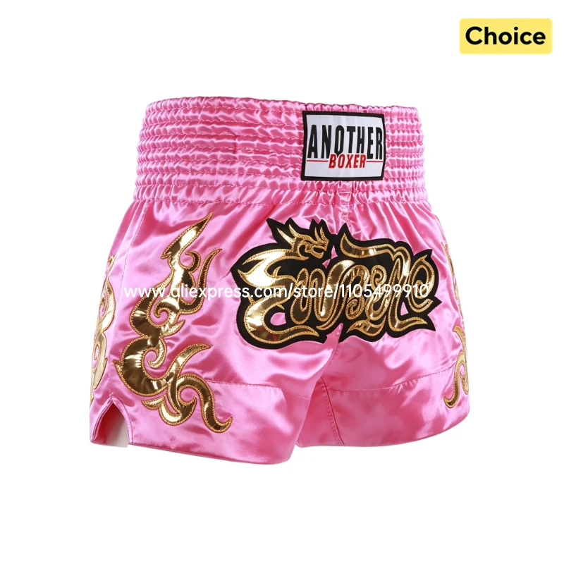 Muay Thai Fight Shorts Pink Kickboxing Shorts Men Women Kids Boxing Shorts Gold Embroidery Dancing Boxing Training Match Pants
