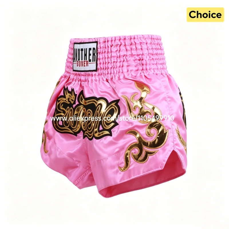 Muay Thai Fight Shorts Pink Kickboxing Shorts Men Women Kids Boxing Shorts Gold Embroidery Dancing Boxing Training Match Pants