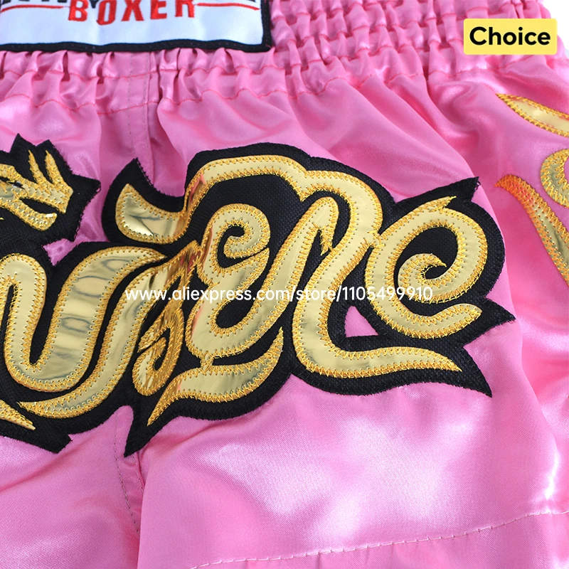 Muay Thai Fight Shorts Pink Kickboxing Shorts Men Women Kids Boxing Shorts Gold Embroidery Dancing Boxing Training Match Pants