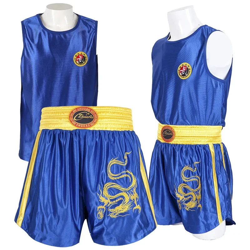 Muay Thai Pants Dragon Embroidery Boxing Shorts and Vest Crossfit Sanda Wushu Uniform Martial Arts Kickboxing MMA Fight Clothing