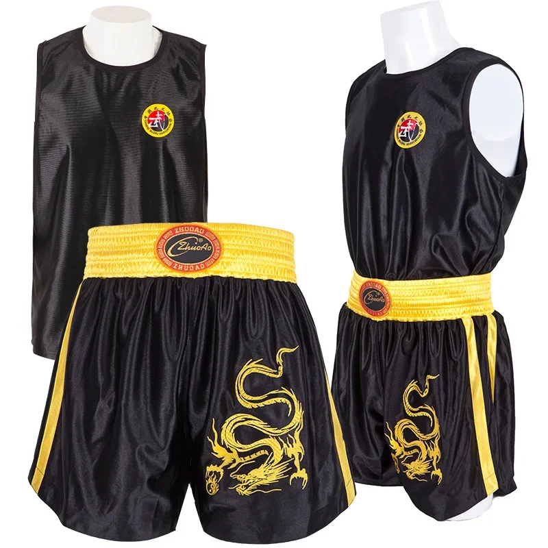 Muay Thai Pants Dragon Embroidery Boxing Shorts and Vest Crossfit Sanda Wushu Uniform Martial Arts Kickboxing MMA Fight Clothing