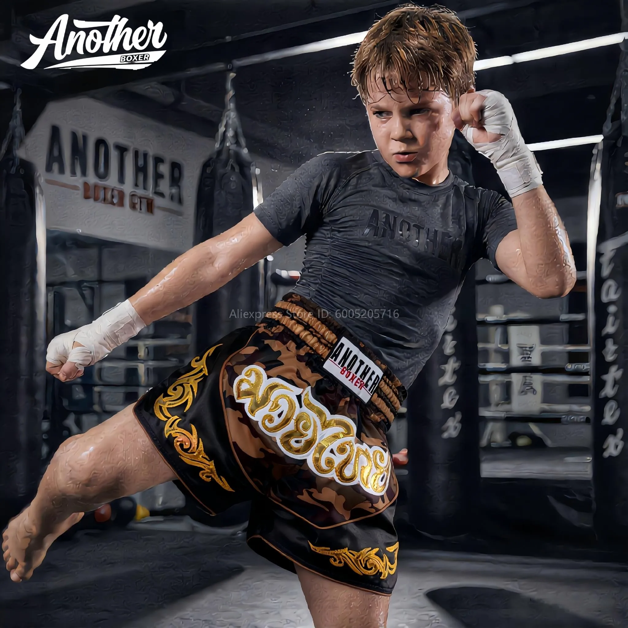 ANOTHER BOXER Muay Thai Shorts Embroidery Satin Men Women Kids Gym Martial Arts MMA Kickboxing Competition Training Shorts