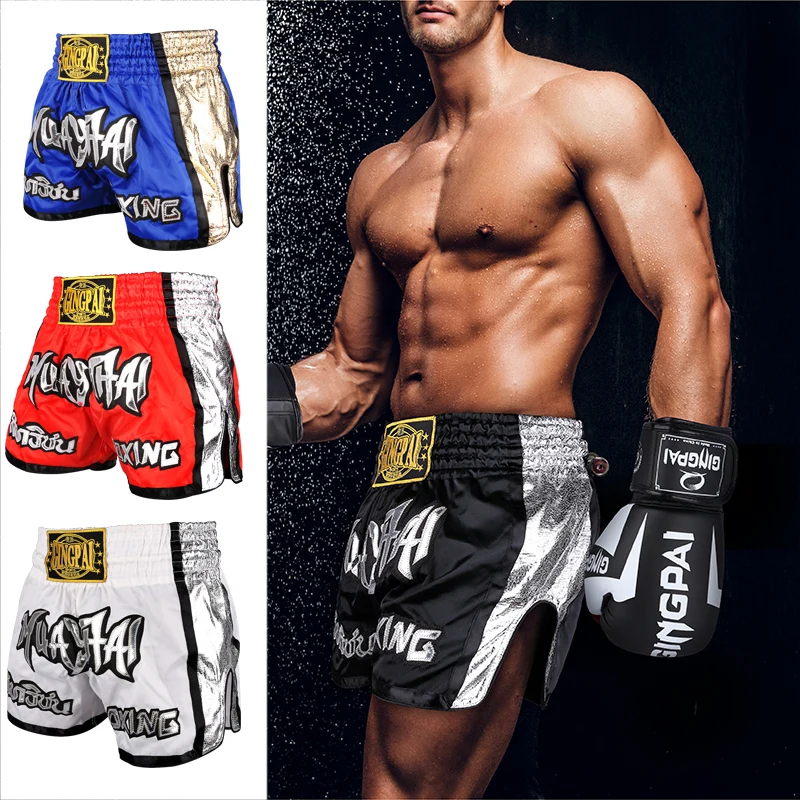 Men Women Kids Muay Thai Shorts Embroidery Thai Boxing Shorts Satin BJJ MMA Clothes Gym Grappling Cage Fight Kickboxing Shorts