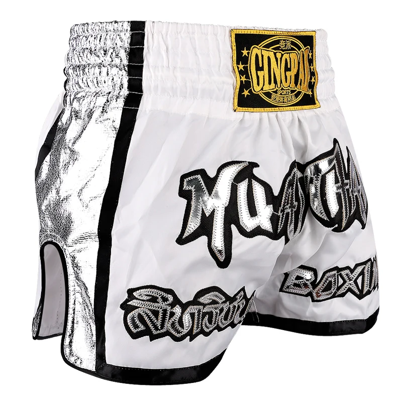 Men Women Kids Muay Thai Shorts Embroidery Thai Boxing Shorts Satin BJJ MMA Clothes Gym Grappling Cage Fight Kickboxing Shorts