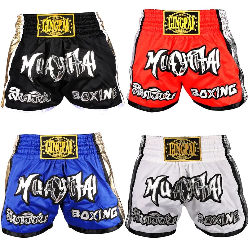 Men Women Kids Muay Thai Shorts Embroidery Thai Boxing Shorts Satin BJJ MMA Clothes Gym Grappling Cage Fight Kickboxing Shorts