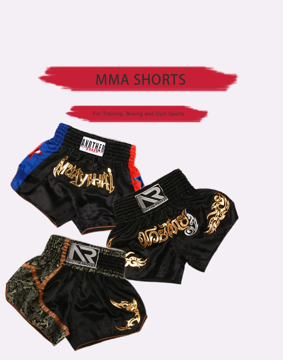 ANOTHERBOXER Muay Thai Shorts, Embroidered Traditional Boxing Pants, Sportswear for Men Women, Breathable Training Kids Shorts