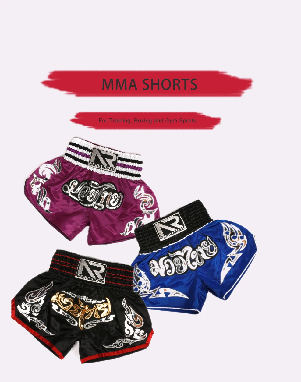 ANOTHERBOXER Muay Thai Shorts, Embroidered Traditional Boxing Pants, Sportswear for Men Women, Breathable Training Kids Shorts