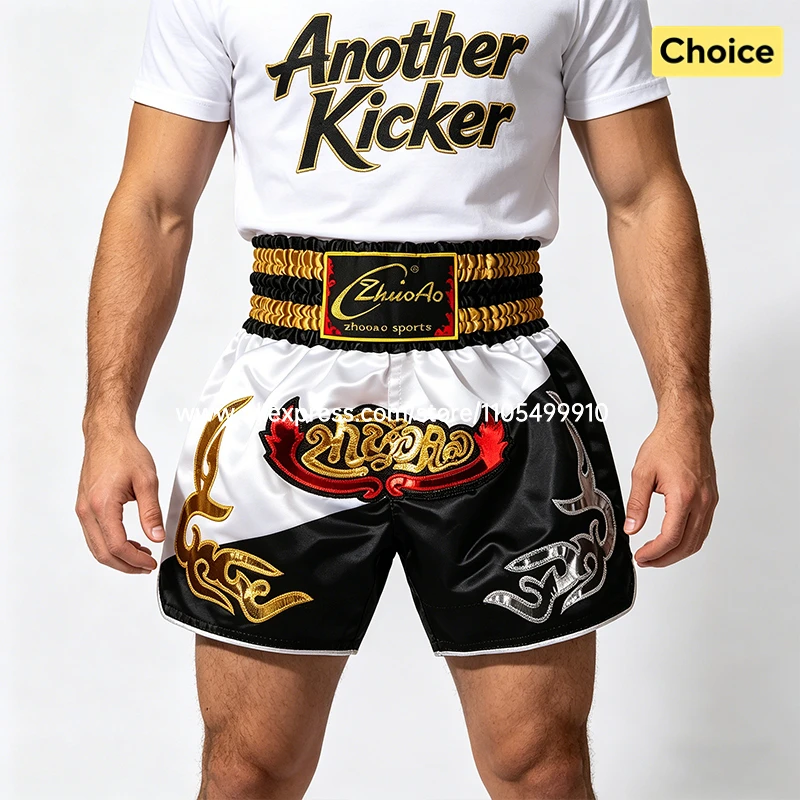 Black Red Muay Thai Shorts Satin Boxing Shorts Men Women Kids Embroidery MMA Martial Arts Kickboxing Cage Fight Training Pants