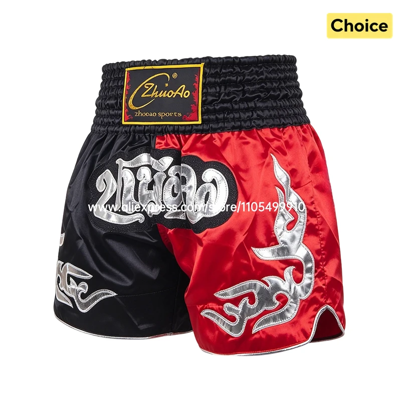 Black Red Muay Thai Shorts Satin Boxing Shorts Men Women Kids Embroidery MMA Martial Arts Kickboxing Cage Fight Training Pants